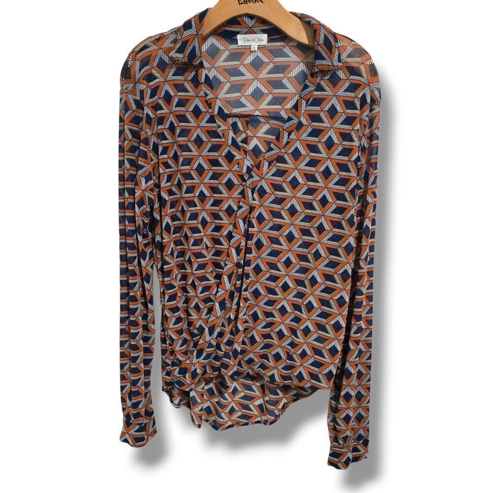 Eden & Olivia Geometric Print Faux Wrap Collared Blouse